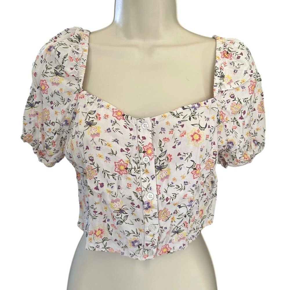 TALLY WEIJL Women's Ditsy Floral Crop Top Short Balloon Sleeve Viscose Size M
